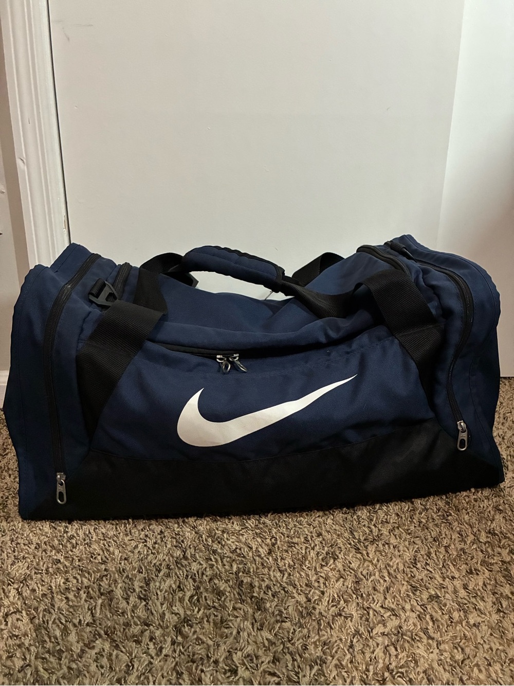 Nike Navy and Black Large Duffle Bag with White Swoosh